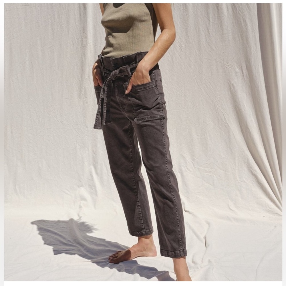 AMO Denim Sz 25 Washed Brown Utility Paperbag Waist Crop Pants Orig$309 Exc Cond